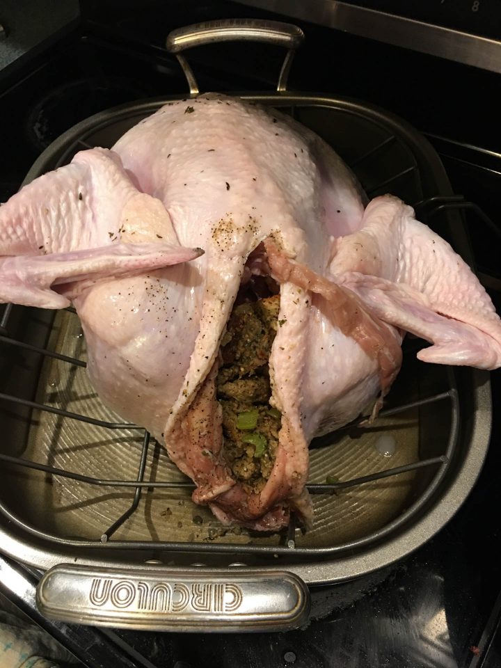 Turkey stuffing in the back of the turkey