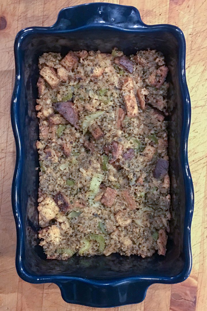 Old fashioned celery and sage turkey dressing in a baking dish