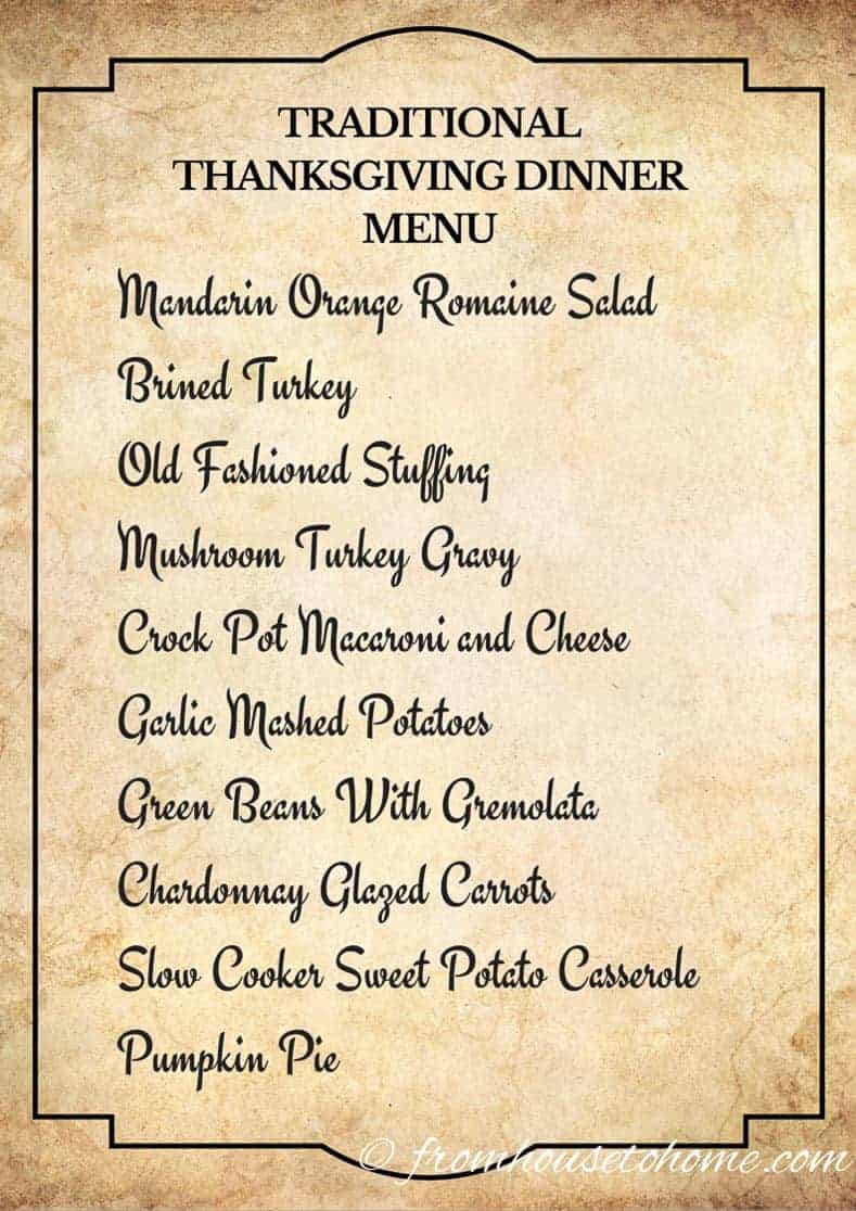 Traditional Thanksgiving Dinner Menu and Recipes, with a printable menu card (great for dressing up your Thanksgiving dinner table) and cooking schedule to help make sure everything gets done on time
