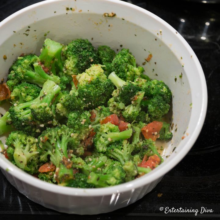 Tomato and herb broccoli in a corning ware dish