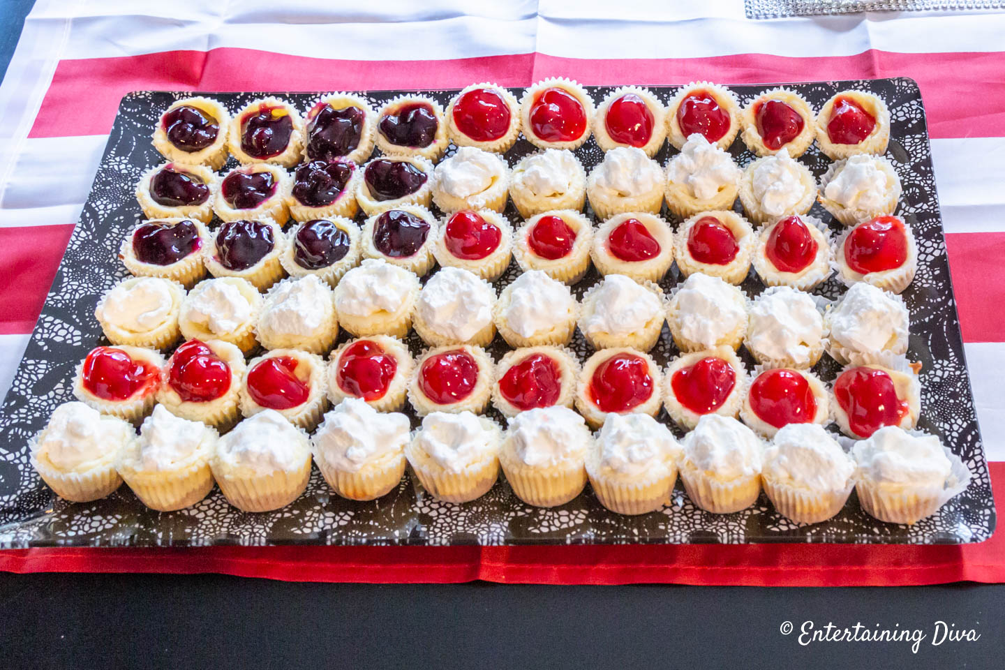 4th of July dessert in the shape of a flag made from cheesecake cupcakes with blueberry filling, cherry filling and whipped cream