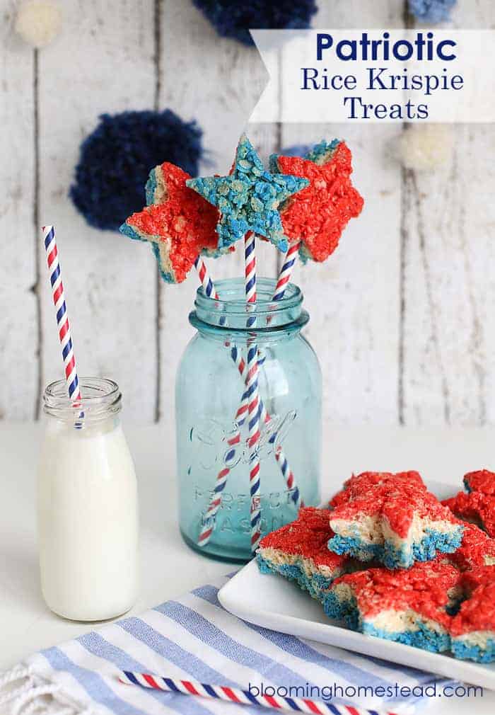 star-shaped red white and blue rice krispie treats on sticks in a mason jar