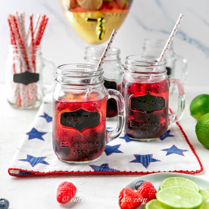 Strawberry, raspberry and lime sangria on a red, white and blue napkin