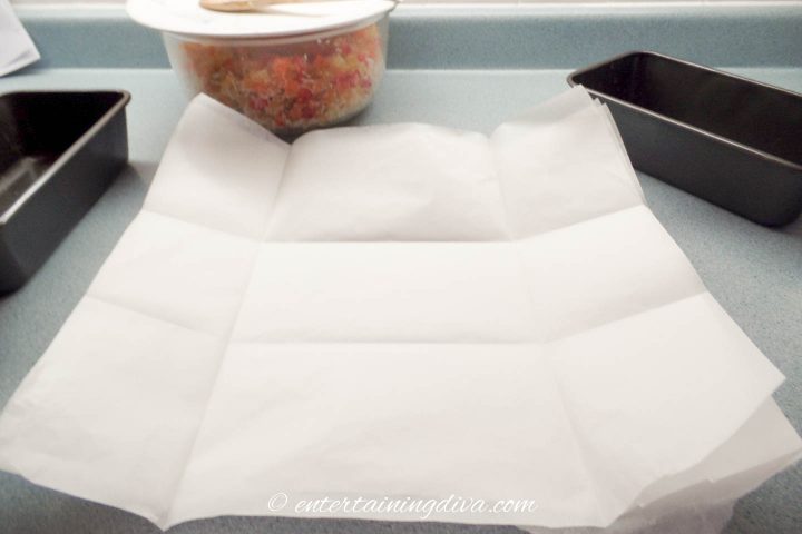 Fold the parchment paper to the size of the pan