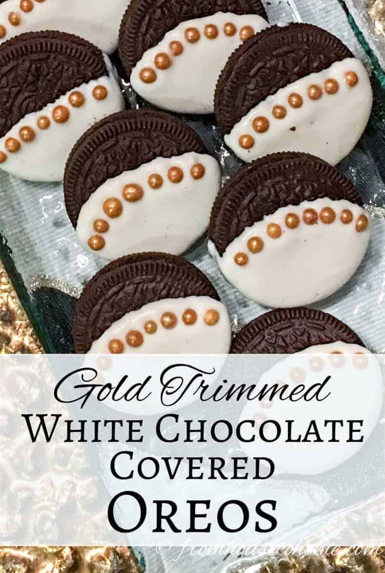 Gold trimmed white chocolate covered Oreos