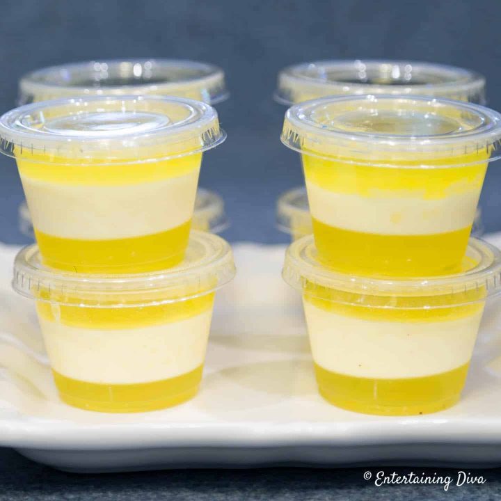 Pina Colada flavored yellow and white layered jello shots