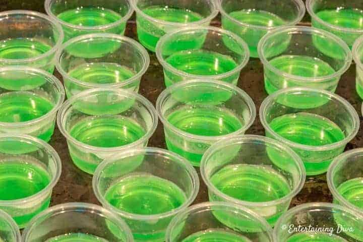 The first green layer of the purple hooter jello shots