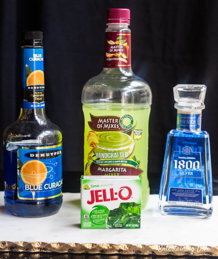 Blue Curacao and Tequila Margarita jello shots ingredients: Blue Curacao, Tequila, Margarita mix and lime jello