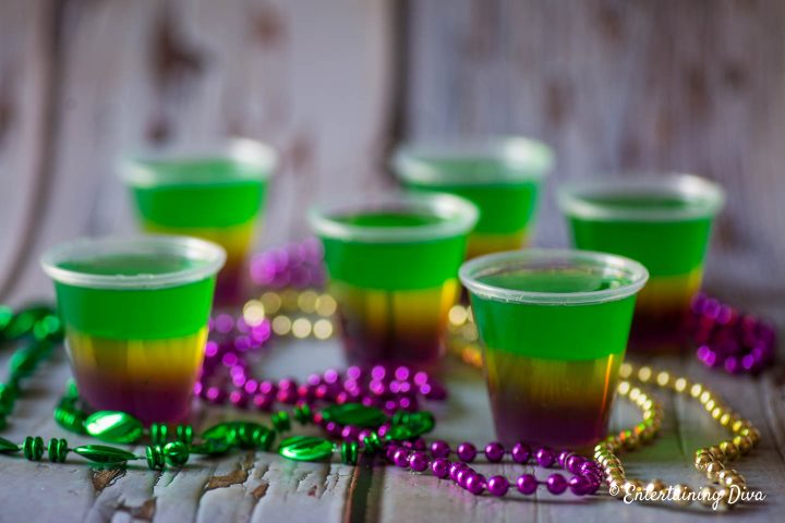 The purple, gold and green layers of the Mardi Gras jello shots recipe