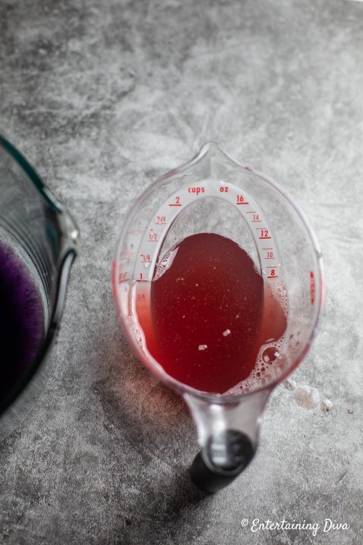 The cold liquids for the purple jello layer in the Mardi Gras jello shot recipe