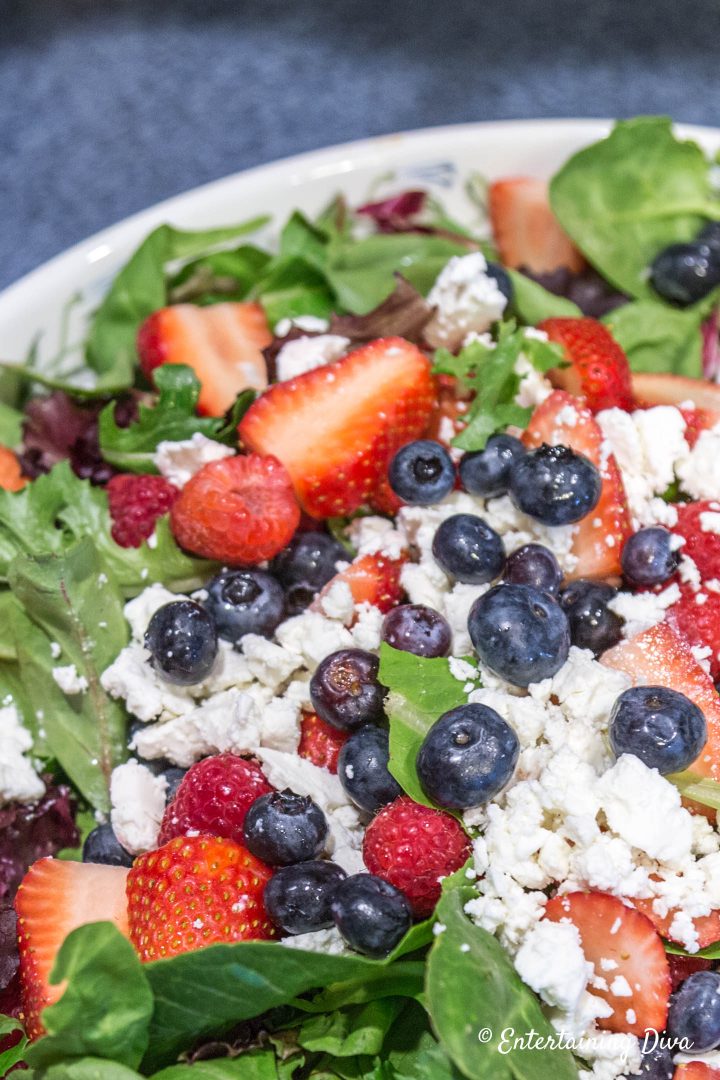 Berry salad recipe with strawberries, raspberries, blueberries and goat cheese