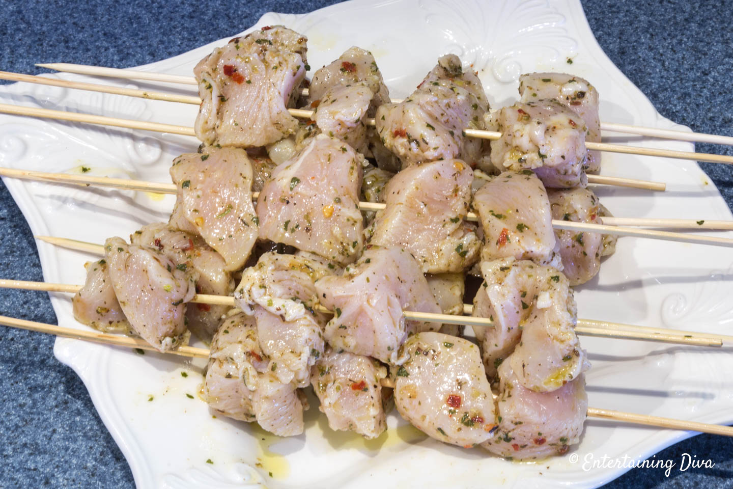 Chicken on shish kabob skewers before grilling