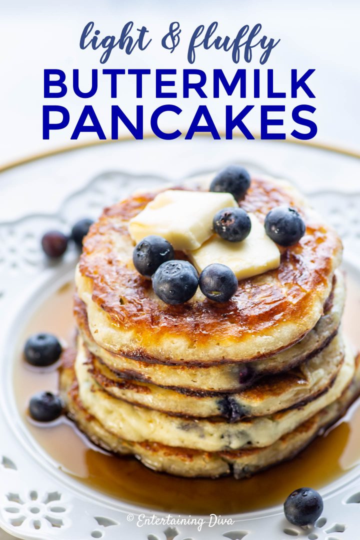 A stack of blueberry buttermilk pancakes with the text "light and fluffy buttermilk pancakes" above