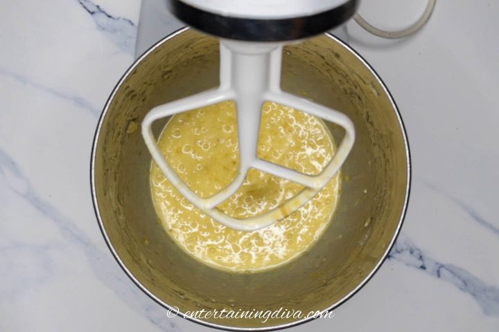 Liquid ingredients in a mixer bowl