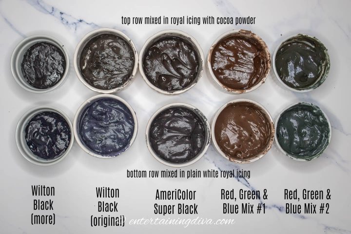 comparison of the different black food color options and how black the icing looks