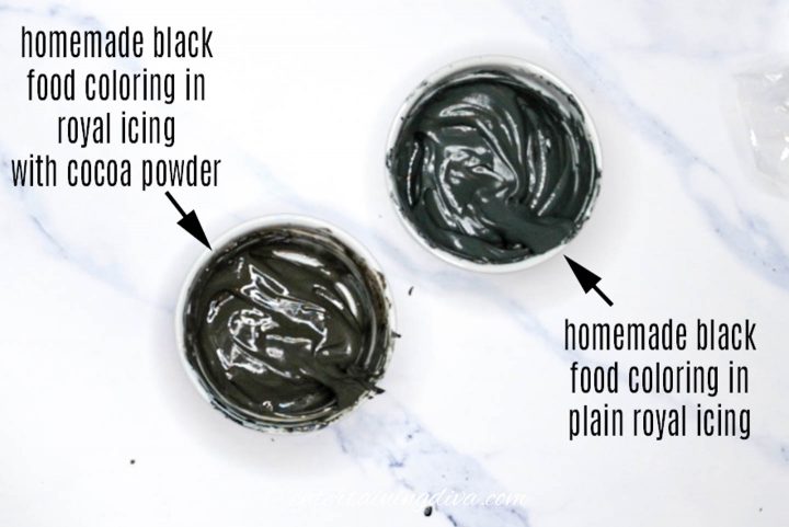 black royal icing made from homemade black food color with and without cocoa powder