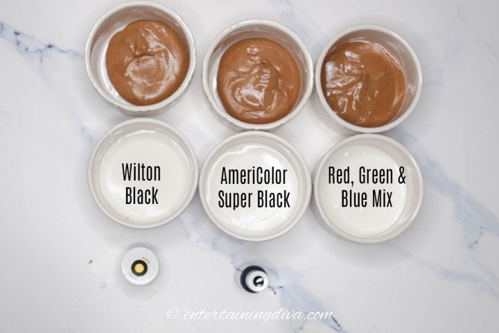 The set up for the black royal icing color test between food color brands