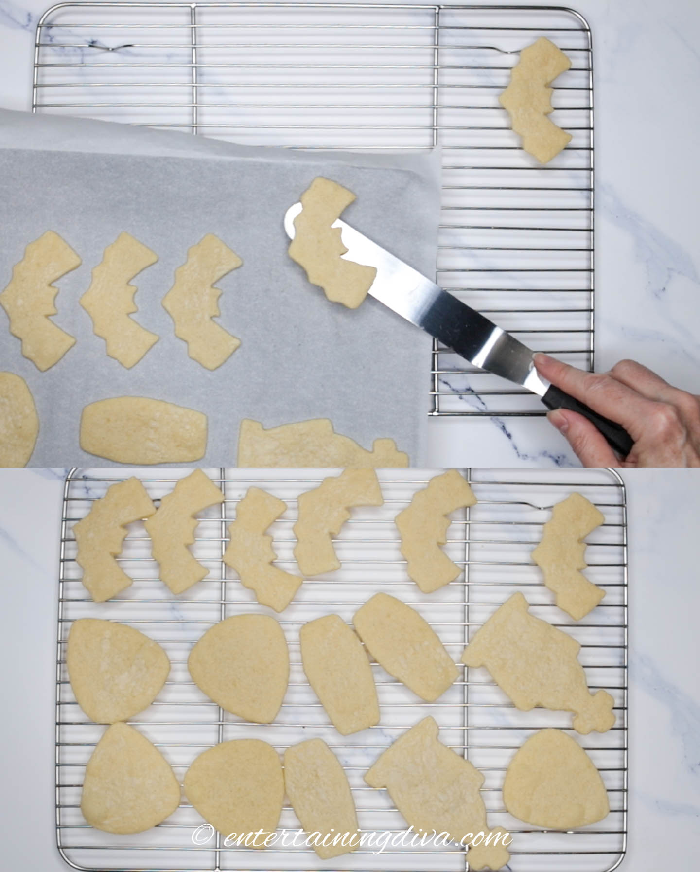 baked sugar cookies being moved from a cooking sheet to a wire rack