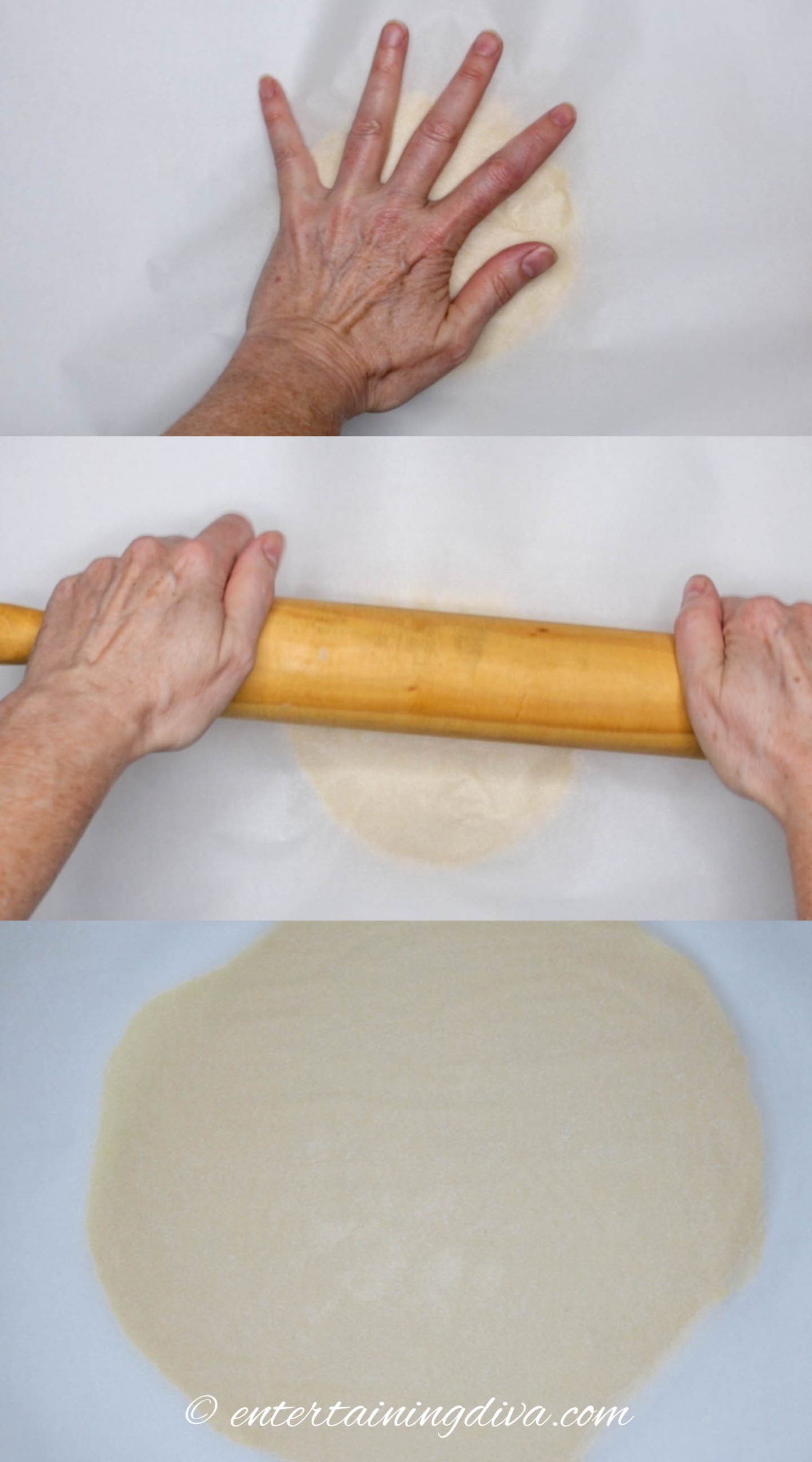 Sugar cookie dough being rolled out between parchment paper