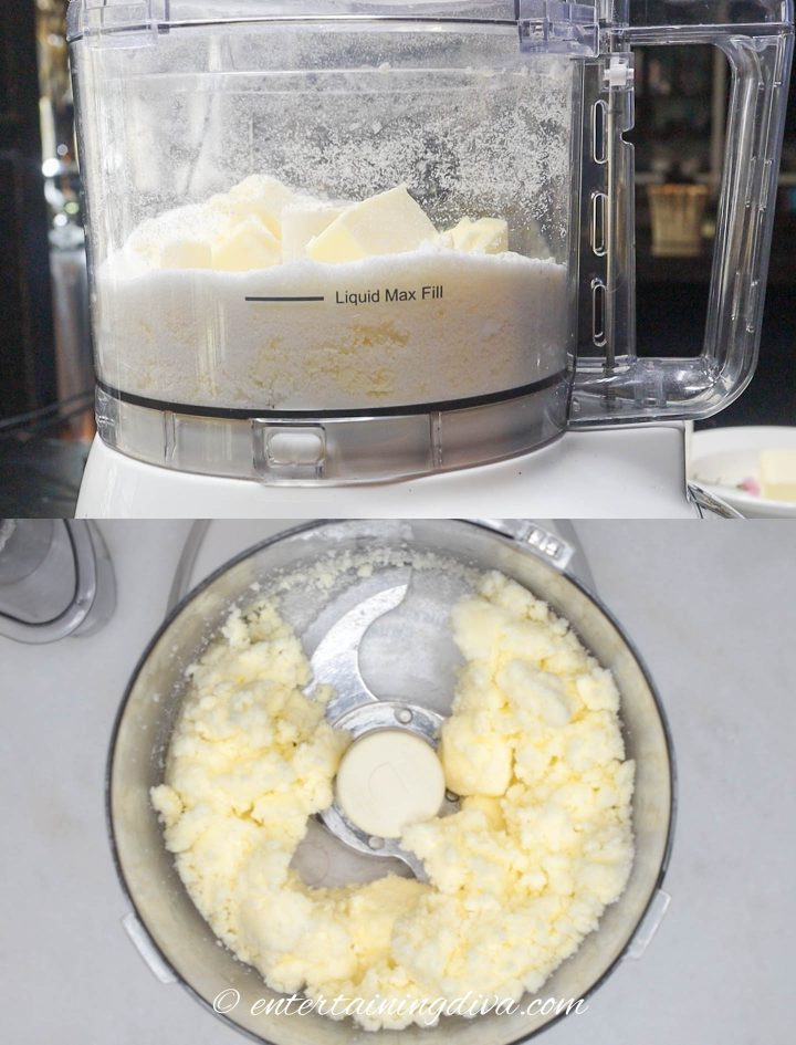 The butter and sugar mixed in the food processor