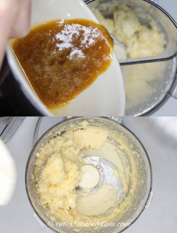 The wet ingredients mixed with the butter in the food processor