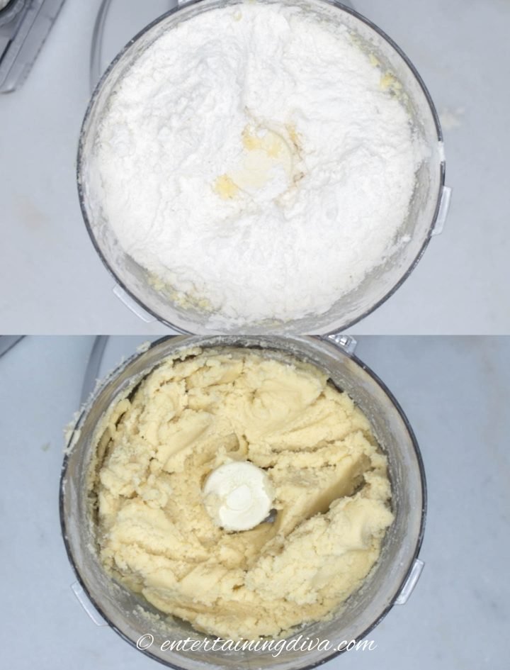 The flour mixed with the butter in the food processor
