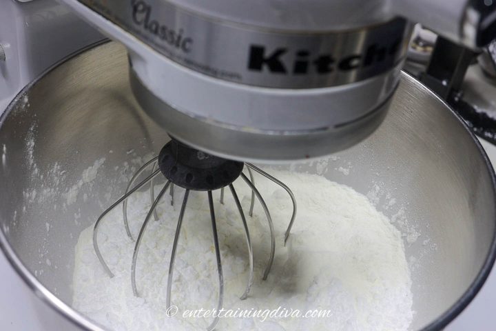 Royal icing dry ingredients in a mixer bowl