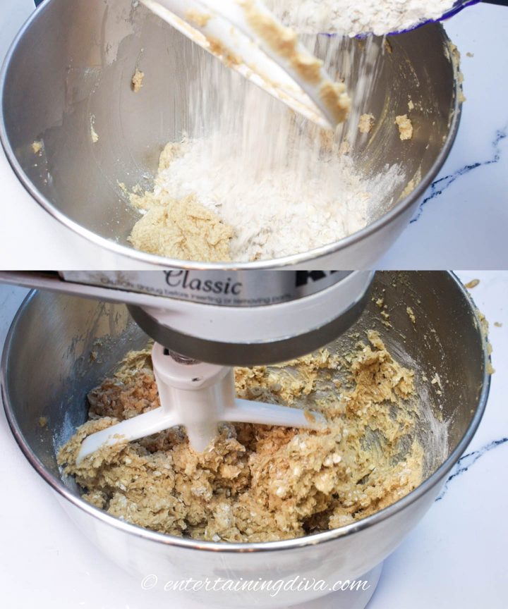 how to combine the butter mixture with the oatmeal mixture