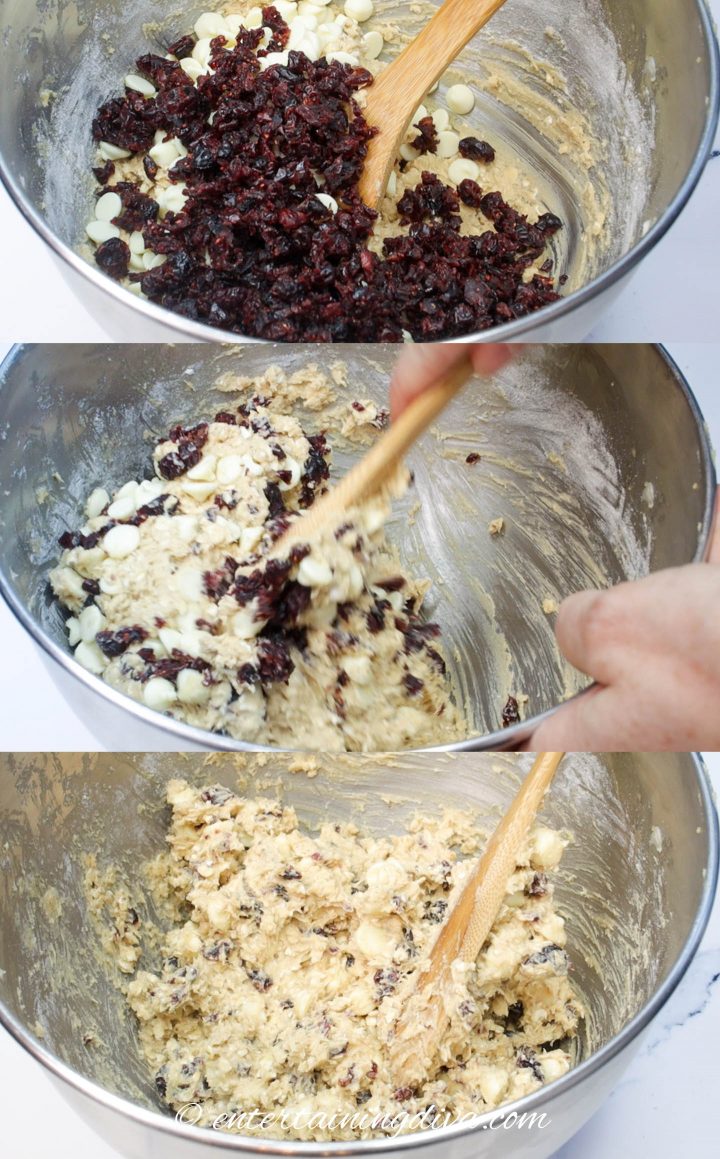 how to mix in the dried cranberries and white chocolate chips