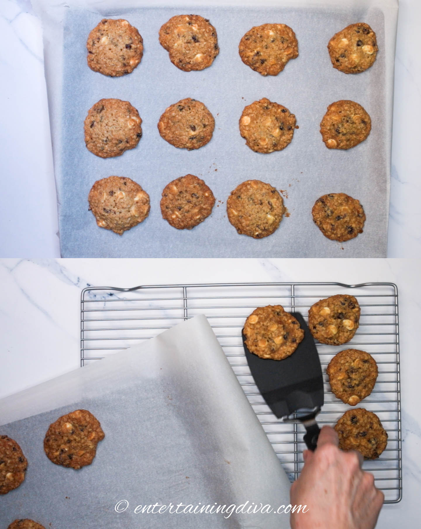 the baked cranberry white chocolate oatmeal cookies on the cookie sheet and on the wire cooling racks