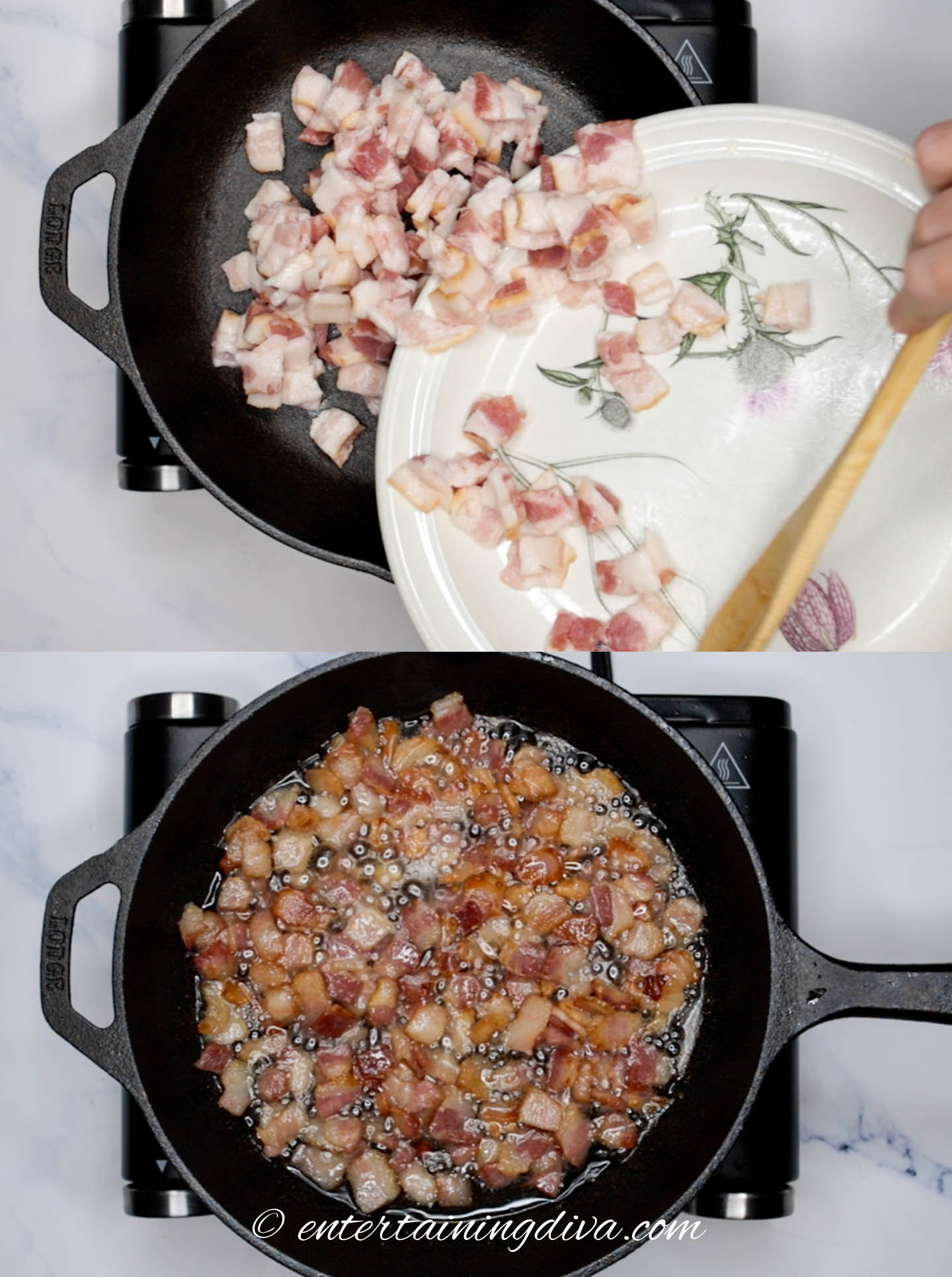 bacon cooking in a cast iron pan