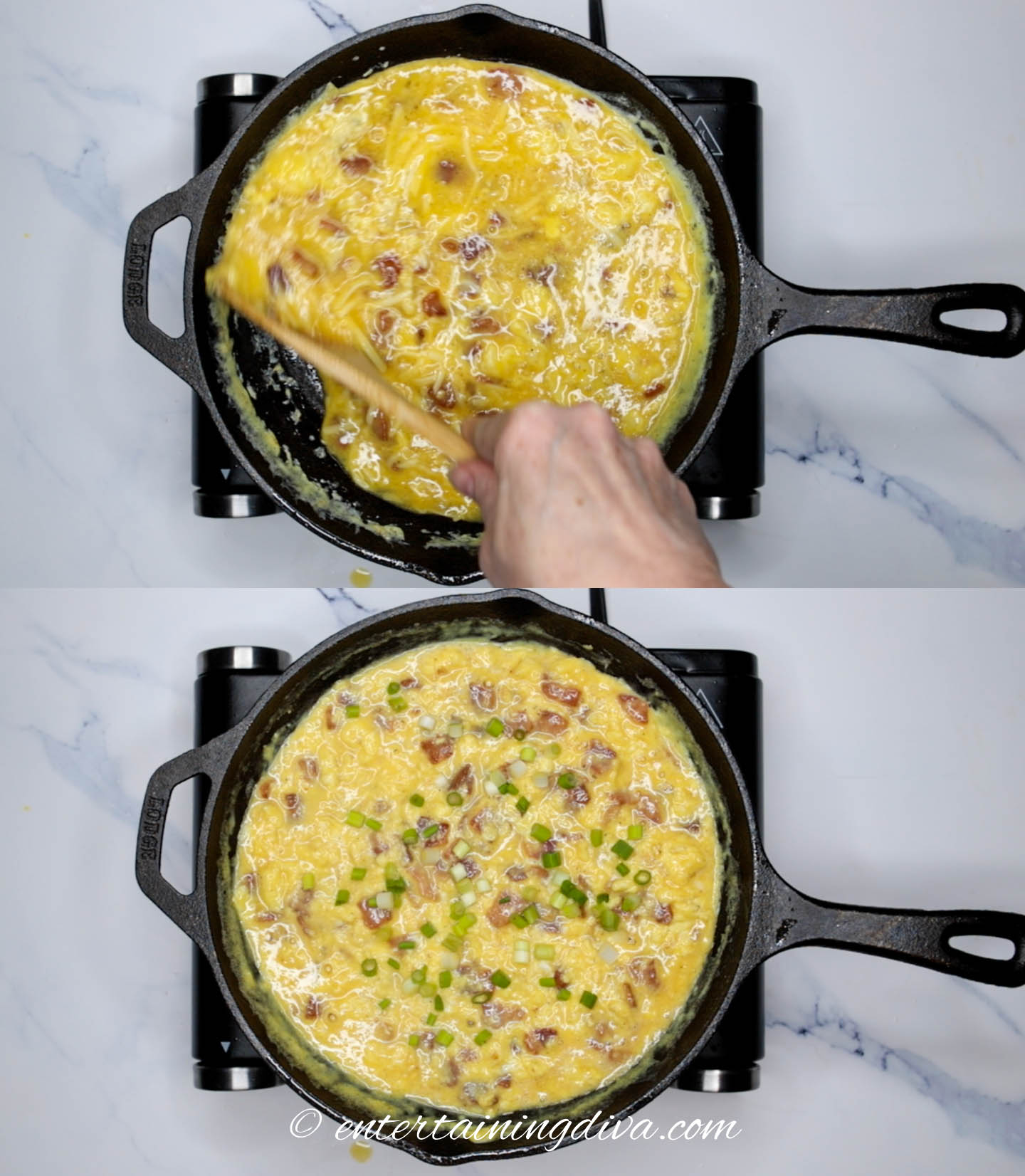 bacon and cheese frittata egg mixture cooking in a cast iron pan