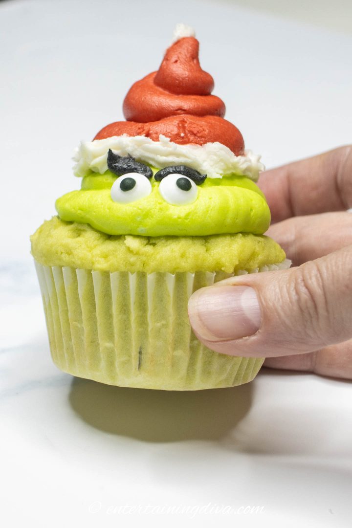 The Grinch cupcake with the pencil mark on the front to make sure the eyes are facing in the same direction as the heart