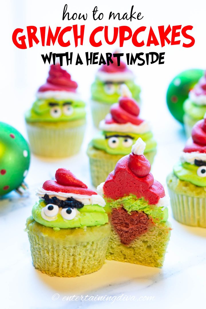 Grinch cupcakes with a heart inside