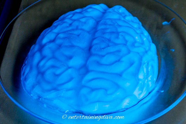 glow in the dark blue jello brains with a black light pointed at them