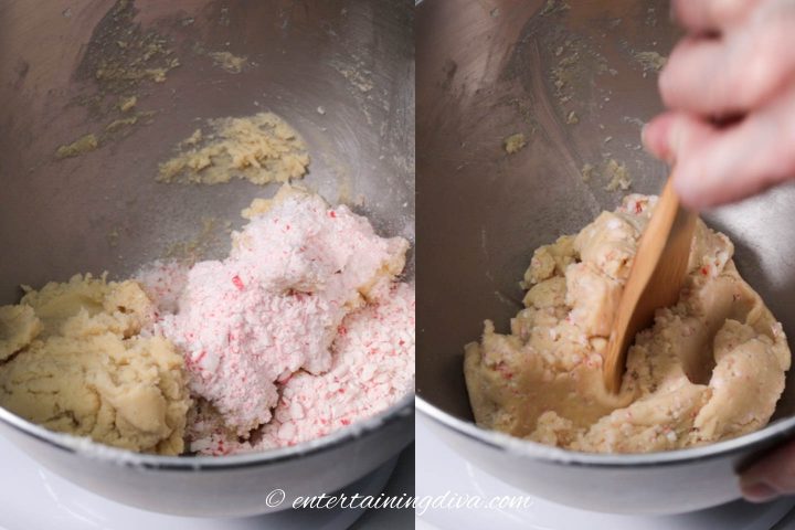 Crushed peppermint being stirred into the cookie dough