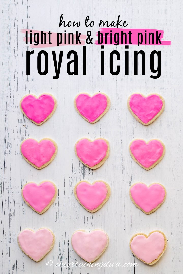 how to make light pink, dark pink, hot pink and mauve pink royal icing