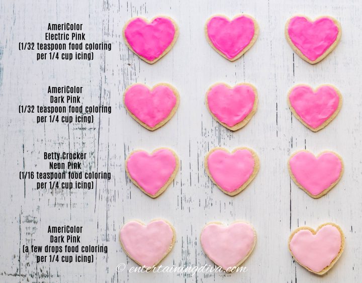 Heart cookies decorated with light pink, medium bright pink, dark pink and hot pink royal icing