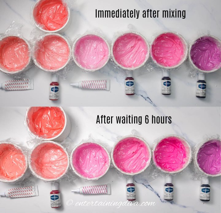 Various dark pink icing colors before and after sitting for a few hours