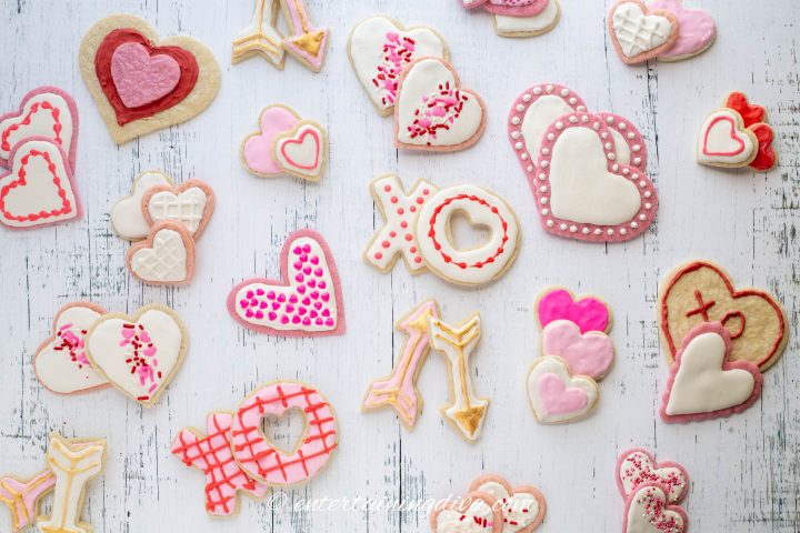 An assortment of decorated Valentine cookies