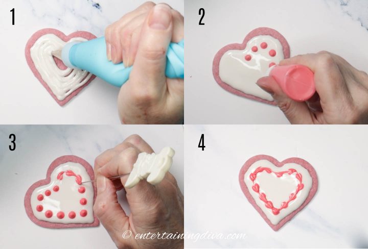 How to decorate Valentine cookies with a joined heart outline using red and white royal icing