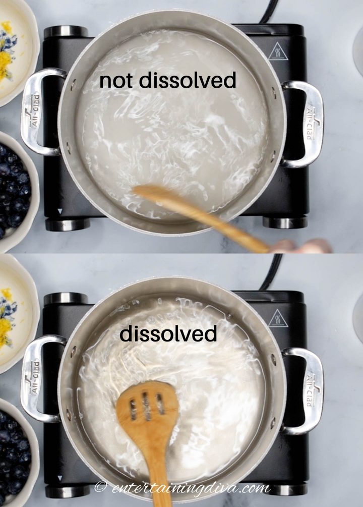 Sugar dissolving in water with wooden spoon