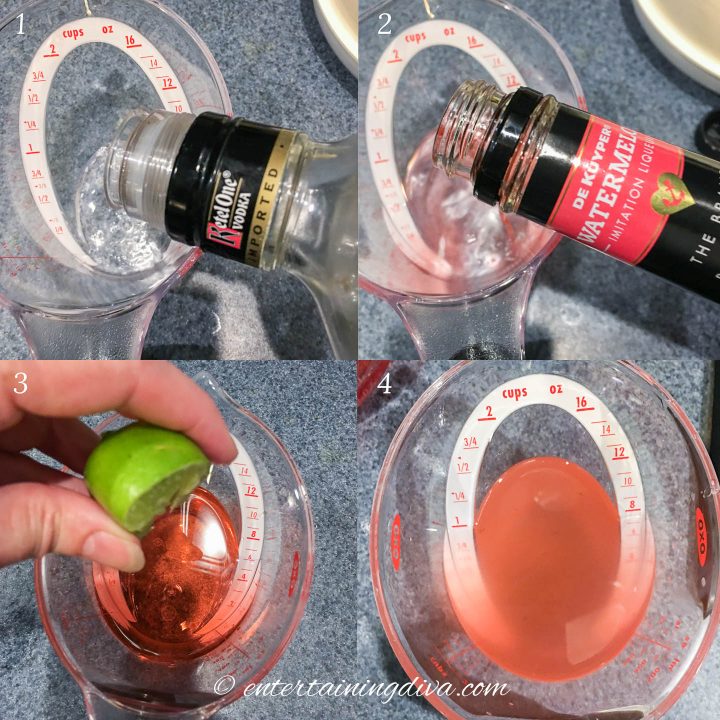 Vodka and watermelon pucker being poured in measuring cup with lime juice