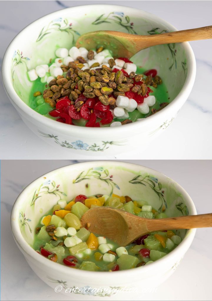Chopped pistachios, cherries, and marshmallows with instant pudding