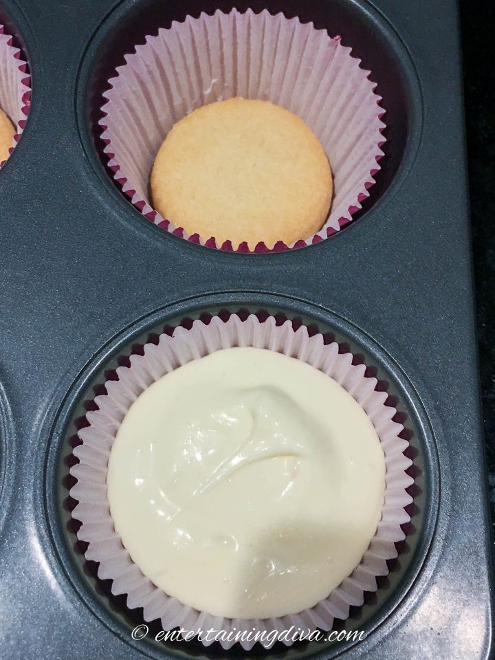 Top view of cheesecake batter in cupcake tin