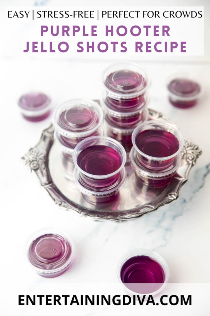 easy purple hooter jello shots on a silver tray