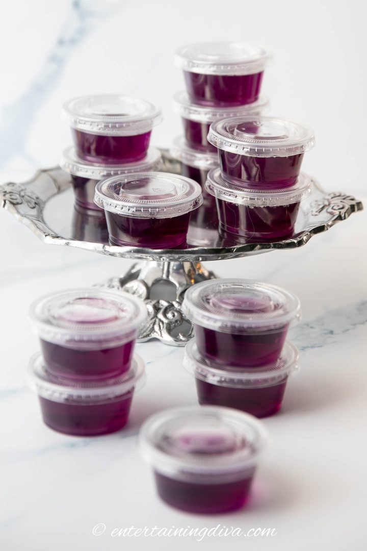 Front view of purple hooter jello shots on silver platter 