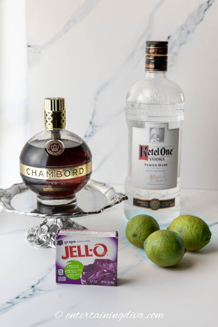 easy Purple Hooter jello shots ingredients: Chambord, Ketel One, grape Jello, and limes
