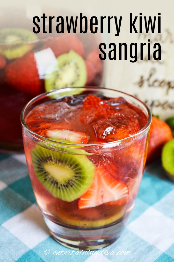 strawberry kiwi sangria in a glass with ice