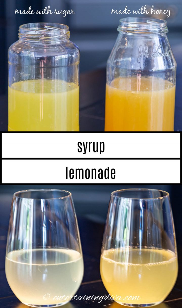 Two jars of lemonade syrup and two glasses of lemonade - one made with sugar and the other with honey
